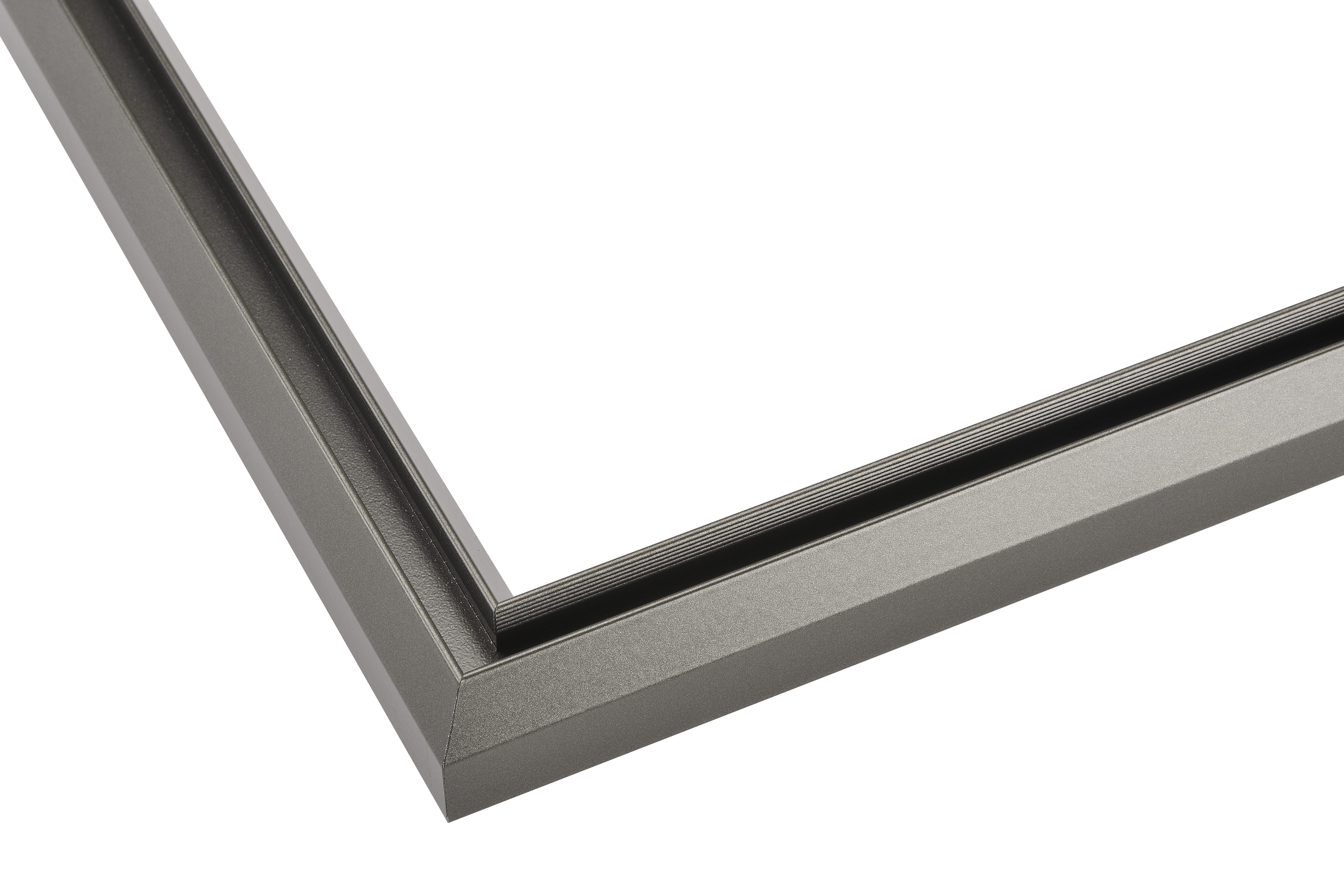Close-up of the Gun Grey hardware finish available for our semi-frameless shower screens.